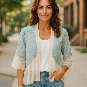 BCBGeneration Women's Blue Lacey Floral Boho Shawl Cape Bohemian Kimono Wrap